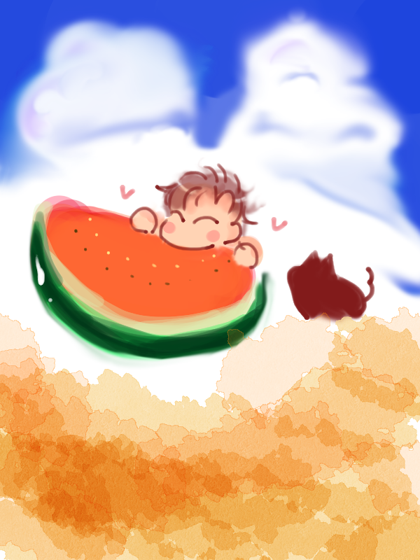 AI0193's tweet photo. 今日はスイカの日だったそうですので、お兄さんにでっかいスイカを齧ってもらいました。「「＞これはスイカです、すーいーかー https://t.co/LFDZnJugw8