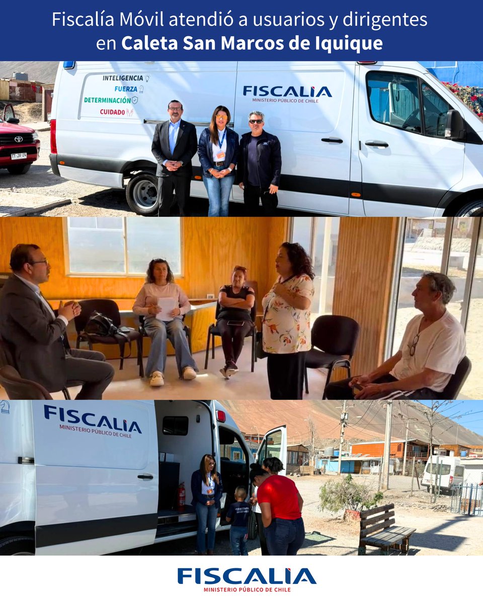 FiscaliaIRegion's tweet photo. Fiscalía Móvil llegó hasta caleta San Marcos para acercar las prestaciones del Ministerio Público a la comunidad. La jornada fue encabezada por el fiscal jefe de Iquique, Hardy Torres, quien además se reunió con dirigentes para abordar las problemáticas delictuales del sector. https://t.co/lTtfZC9JY3