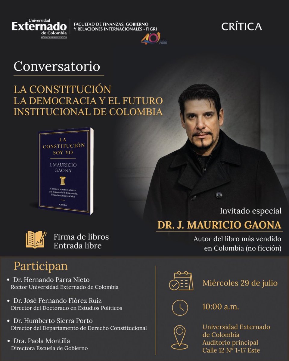 JMauricioGaona's tweet photo. Invito a mis lectores este miércoles a la Universidad Externado para hablar sobre democracia en Colombia. Iniciaremos con una firma de libros a las 10:00 a.m., seguida por un conversatorio con un panel excepcional.

📍 Auditorio principal (Bloque G) 🗓️ Miércoles 29 
#Democracia https://t.co/hgFCTNxLoK