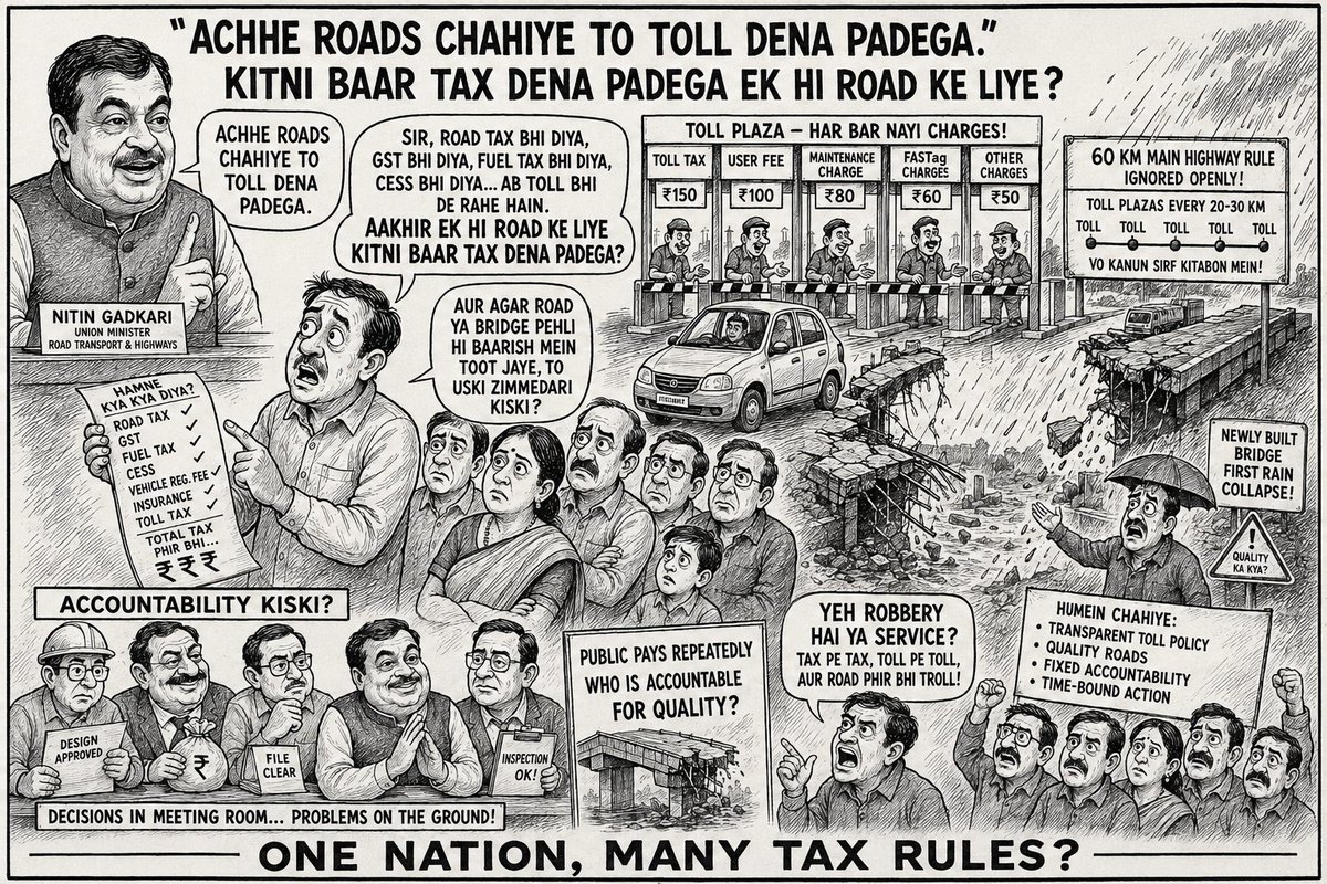 vishy0's tweet photo. Every rupee collected should translate into durable, safe infrastructure.
One Nation, Many Tax Rules?
#TollTax #RoadTax #GST #MiddleClass #Taxpayer #Infrastructure #RoadSafety #PublicPolicy #India #TaxReforms #Accountability #NitinGadkari #FASTag #Highways #IndianEconomy https://t.co/CPtKxYeRik