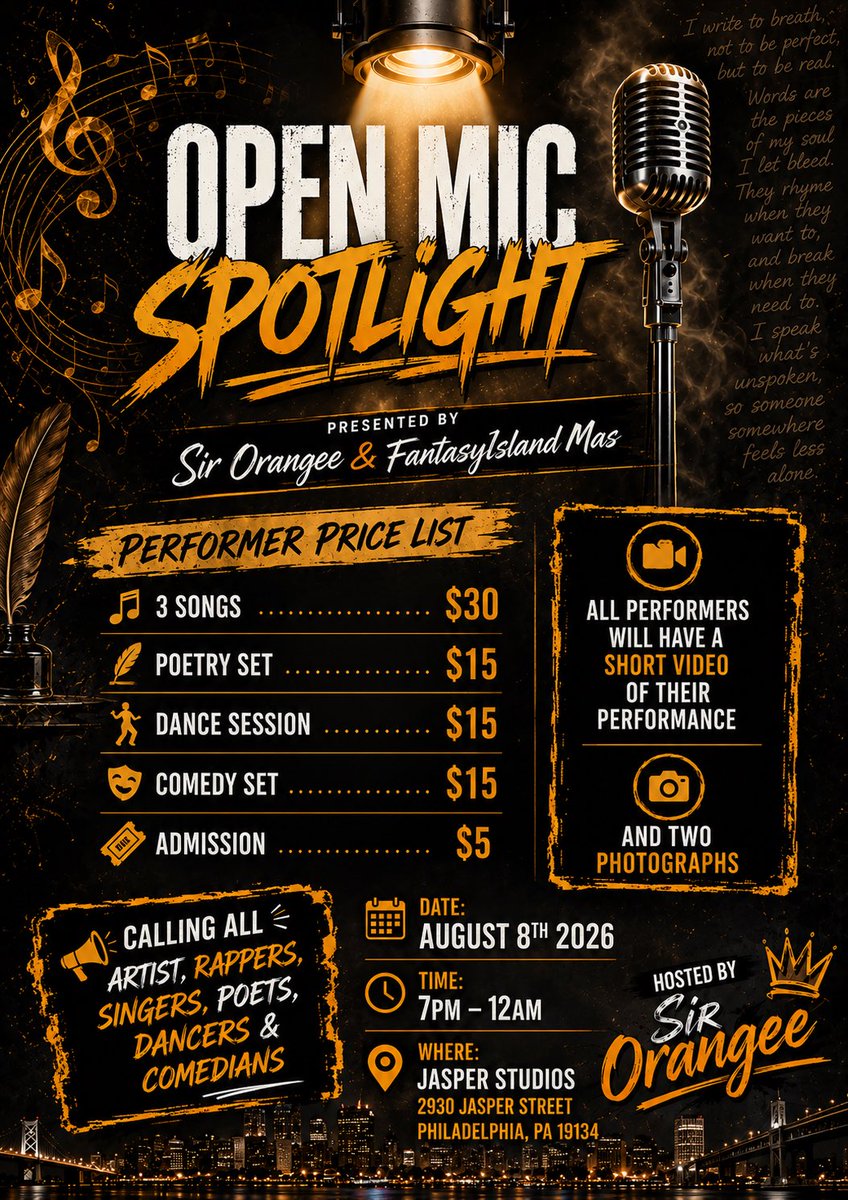SirOrangeee's tweet photo. Looking for Artist in the tristate area seeking to perform!  
HMU i have a few slots left https://t.co/dIyL54LZQZ