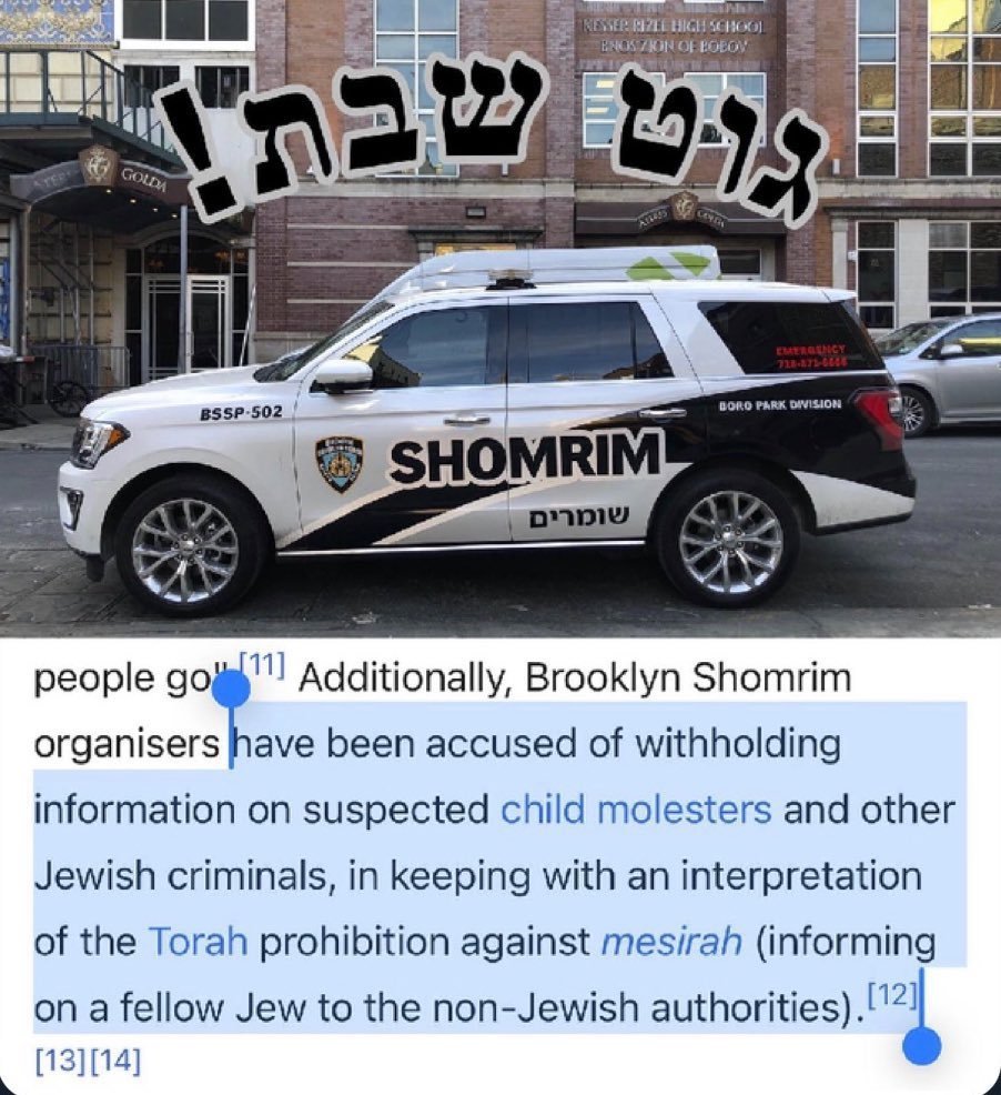 GenericSnarky's tweet photo. Jews get their own private police that hides their horrible crimes. 

You get police who arrest you for saying a word at a park. https://t.co/cYiqftZWrh