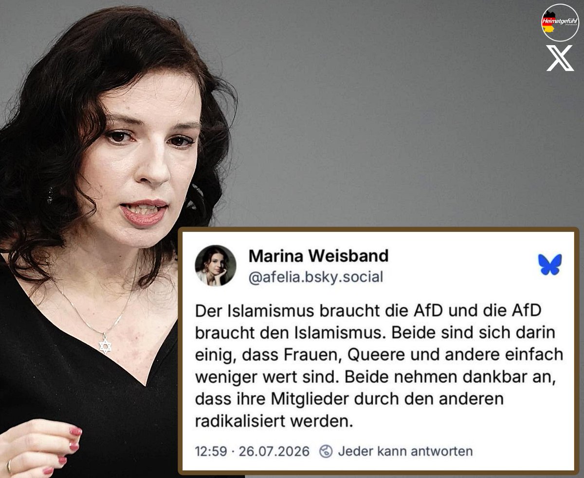 HeimatliebeDE's tweet photo. Das ist Marina Weisband, Politikerin von Bündnis 90/Die Grünen.

Nach dem Terroranschlag auf den CSD in Berlin durch den Moslem und IS-Terroristen Abdul Ballout veröffentlicht sie einen solchen Post auf Bluesky.

Sie vergleicht Islamisten mit der AfD und setzt sie damit gleich. Das ist nicht nur falsch, sondern bösartig.