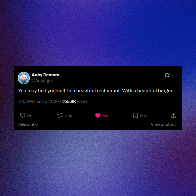 PopEridu's tweet photo. Anby Demara shares some words of wisdom in a new X post:

"You may find yourself. In a beautiful restaurant. With a beautiful burger" https://t.co/lRlnYQGOo8