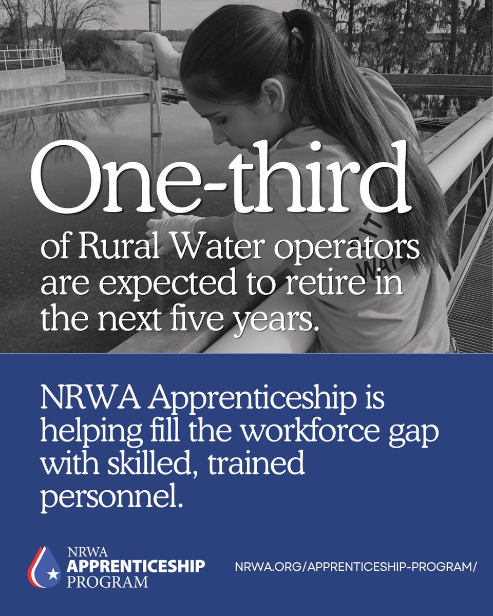NRWA's tweet photo. One-third of the Rural Water workforce is expected to retire in the next five years alone. With the growing demand for a trained workforce, NRWA’s Apprenticeship Program is helping to fill the gap with skilled and trained personnel. 🧰🔧 https://t.co/DuwF7uhzjU