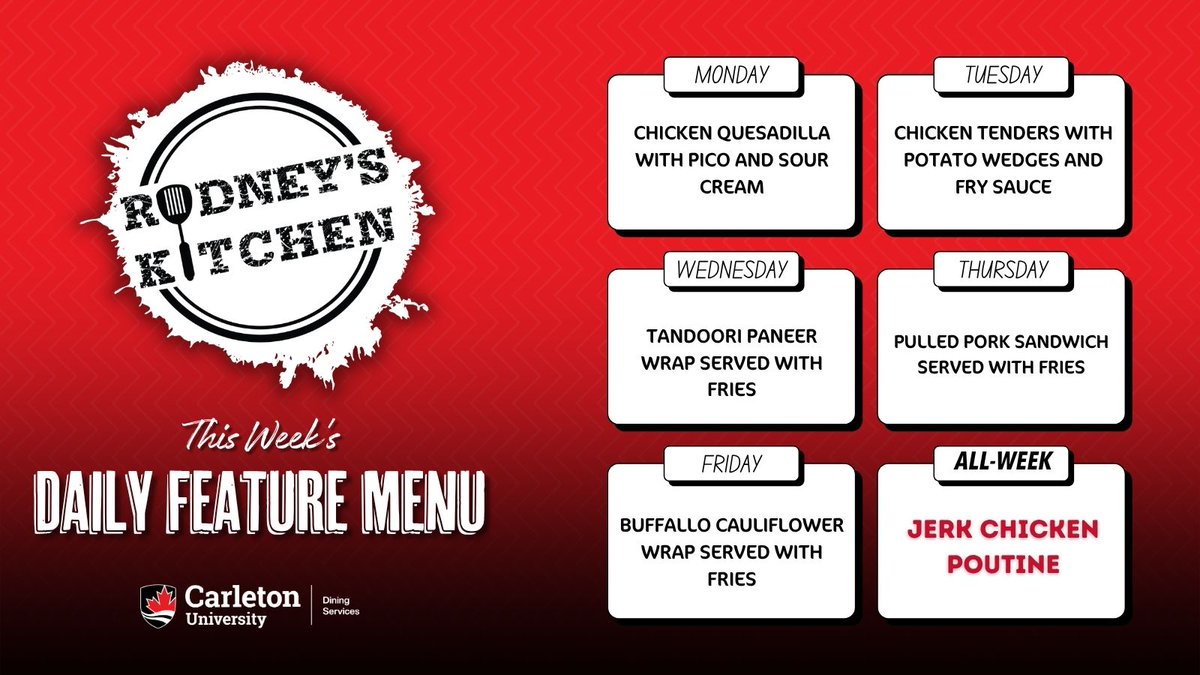 CarletonDining's tweet photo. Have you had a chance to try the Jerk Chicken Poutine at Rodney's Kitchen Food Truck? 😋 It's back on the menu as part of this week's Daily Feature Menu, so be sure to check it out if you haven't already! https://t.co/OSaTRMwId5