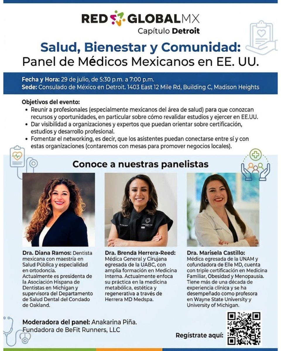 consulmexDET's tweet photo. La Red Global Capítulo Detroit te invita a un evento en el cual profesionales médicos podrán compartir experiencias y conocimientos sobre los procesos de inserción en EEUU
📆29 de julio, 2026
🕛5:30 pm
📍1433 East 12 Mile Rd, Building C. Madison Heights, MI.
#RedGlobal https://t.co/UoT53WbdKg
