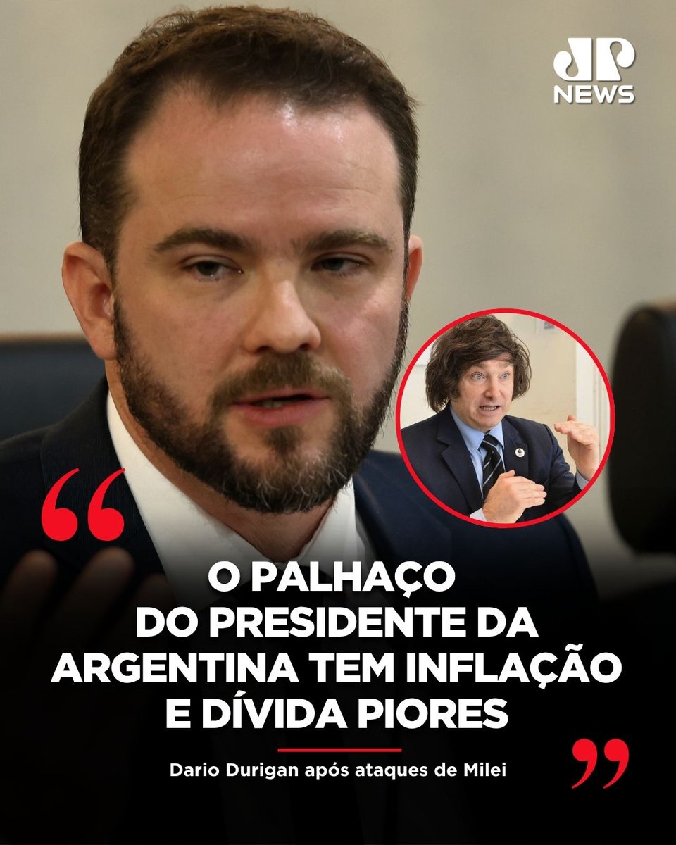 JovemPanNews's tweet photo. O ministro da Fazenda, Dario Durigan, chamou o presidente da Argentina, Javier Milei, de “palhaço” em entrevista nesta segunda-feira (27), ao rebater os recentes ataques do líder argentino ao presidente Luiz Inácio Lula da Silva. Durigan argumentou que a Argentina apresenta indicadores econômicos piores que os do Brasil, citando os altos índices de inflação, dívida pública e risco-país no território vizinho, em contraste com a baixa taxa de desemprego e o recorde da balança comercial brasileira. A declaração ocorre em meio ao acirramento da crise diplomática entre os dois países, marcada pela convocação do embaixador brasileiro em Buenos Aires de volta a Brasília, em sinal de forte descontentamento do governo federal.

🔗 Leia a matéria completa em: https://t.co/5eLOkw2Kb0
📺 Confira na JP News

#JovemPanNews #Política #Internacional #JavierMilei #DarioDurigan