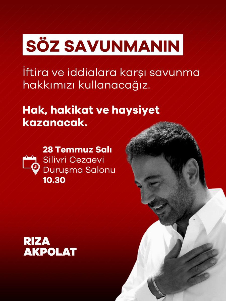 RizaAkpolat's tweet photo. Hak yardımcımız olsun. Yarın savunmamı yapacağım…

Gücü yetenler değil, hakkı yetenler kazanacak!

📍Silivri Cezaevi Duruşma Salonu
⏱️28 Temmuz Salı | 10:30