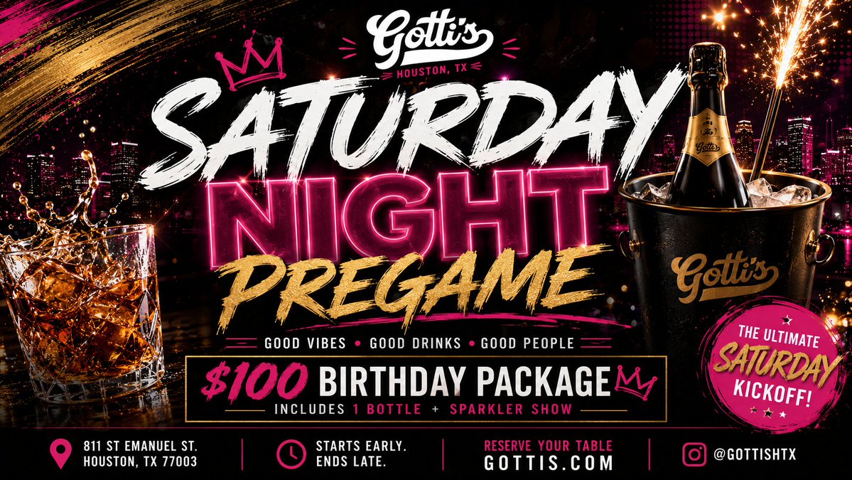 GottisHtx's tweet photo. Saturday plans? Start the night at Gotti's with SATURDAY NIGHT PREGAME!!! every Saturday at 05:00 PM 🎉 Bring your date or the whole crew and kick off the vibe before the city calls. Reservations for 10+ are welcome 🥂 #Gottis #SaturdayNight #PregameVibes https://t.co/9QkQkraRAI