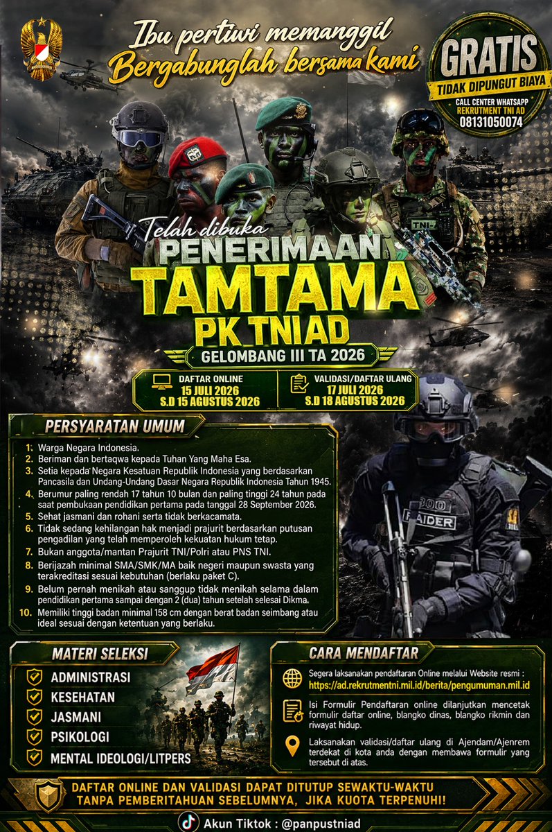 BRIGIFTP86's tweet photo. telah dibuka penerimaan Calon Tamtama PK TNI AD Gelombang 3 TA 2026. Segera daftarkan diri anda #tni #tniad #kodamtambunbungai #rekrumentniad https://t.co/5zLK0BL9qQ