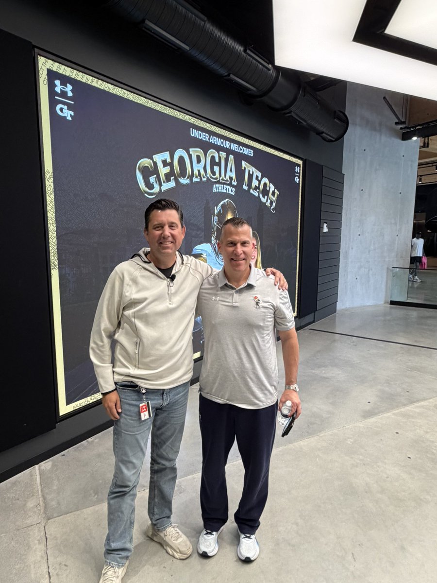 CoachPatsos's tweet photo. So excited to have @GTAthletics here at headquarters…it starts with Kmac and the make you famous wall @UnderArmour  Coach Cross and Coach Blair here too! https://t.co/WgkDm942II