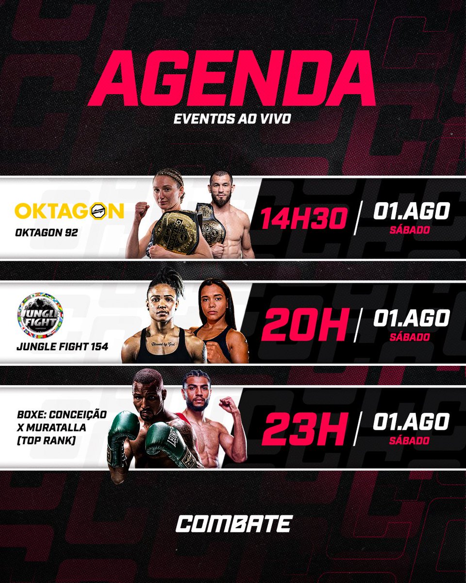 combate's tweet photo. A AGENDA DA SEMANA! 💪📅

Semana recheada de eventos para você assistir na tela do Combate. Já anota para não perder nada.

#PowerSlapNoCombate #JudoNoCombate #JungleFightNoCombate #OktagonNoCombate #BoxeNoCombate https://t.co/pWn8I5bgOq