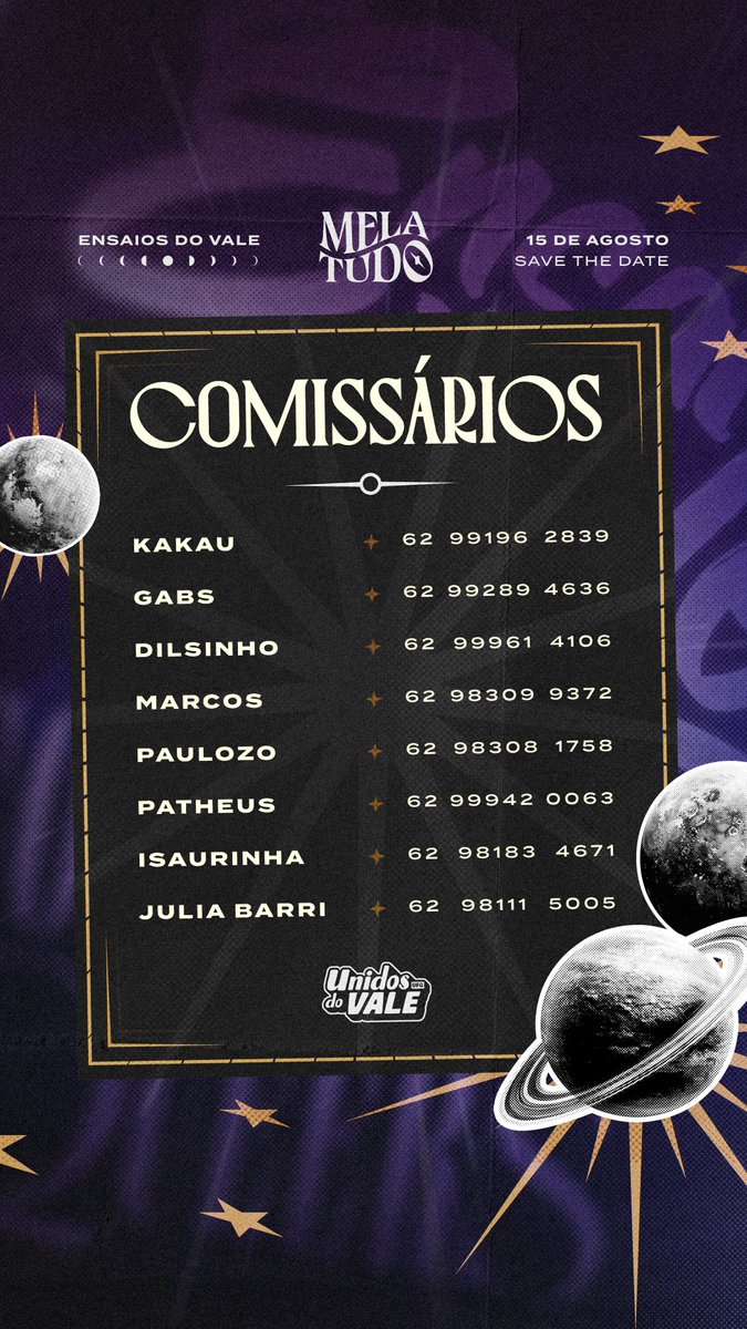 UnidosDoValeUFG's tweet photo. NOSSO RITMO PERFEITO COM A TOCA DO LEÃO 🦁✨

𖦹°‧⋆˚࿔ Em parceria com a Toca do Leão, a Mela Tudo vai abalar os cosmos. 

🪐✨️ Mela Tudo - Ensaios do Vale
🗓️ data: 15/08
📍 local: Assesgo

Ingressos disponíveis na Cheers ou com nossos comissários.࿔⭑.ᐟ https://t.co/t6zVwgmy2x