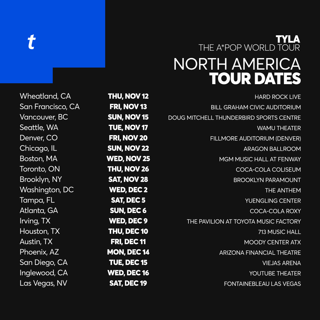 Ticketmaster's tweet photo. TYLA just announced she’s hitting the road on THE A*POP WORLD TOUR later this year! 💖 @Tyllaaaaaaa 

Here’s what to know so you’re ready when tickets drop.

🎫 https://t.co/wEkd9xYgoT https://t.co/Dm0SMgSUKI