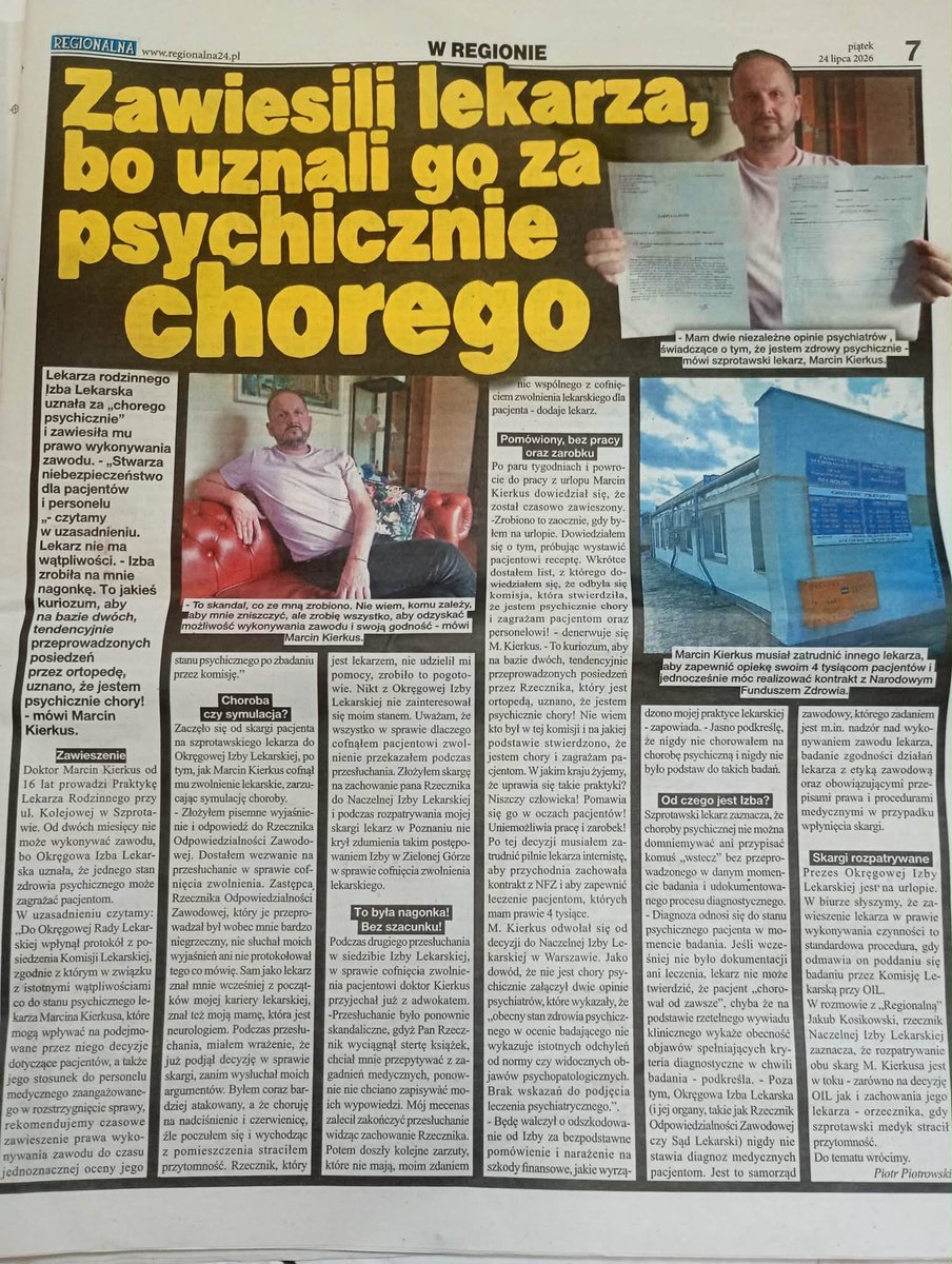 MKierkus's tweet photo. PILNE! Oil Zielona Góra zawiesiła mi (lekarzowi) PWZ zaocznie, pod pozorem choroby psych. Odwołanie leży 2msc bez odpowiedzi! Pomocy!

Podawajcie dalej proszę🙏
@K_Stanowski @BurzynskaAga @kosik_md @p_figurski @lis_tomaszz @bweglarczyk @lkwarzecha @BogRymanowski @wina_Mazurka 
@Roman_Korona @GiertychRoman