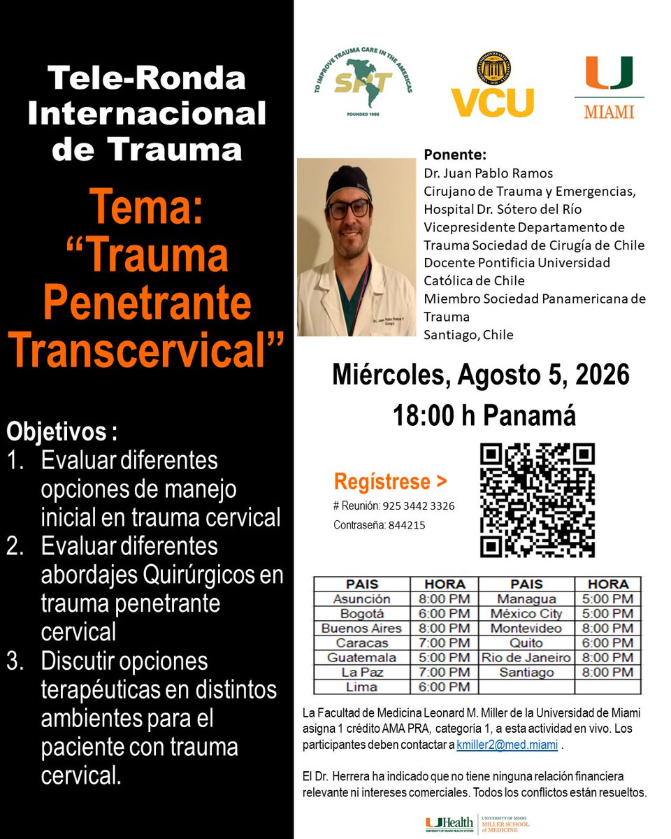 Panamtrauma's tweet photo. Telerondas Internacionales de Trauma. Fecha: Agosto 5, 2026; Hrs. 18:00 PM Panama. REGISTRESE:   https://t.co/aMVfHK08b3 | Meeting ID: 925 3442 3326 - Passcode: 844215. Mas informacion: https://t.co/OktujJBtX3
RENUEVE SU MEMBRESÍA|HÁGASE MIEMBRO DE LA SPT https://t.co/1a3qQlS0VB https://t.co/y6Fm2LvblZ