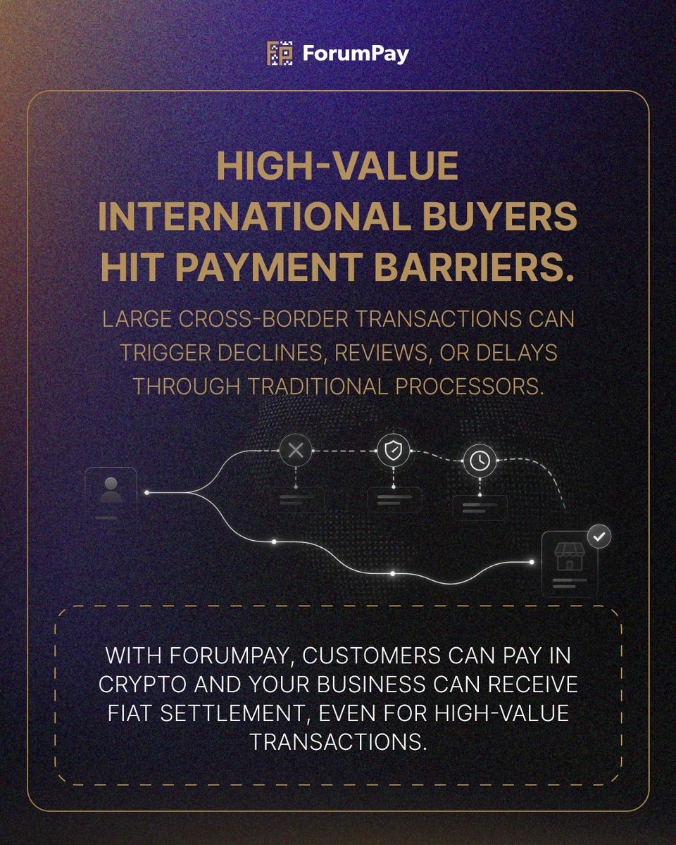 ForumPay's tweet photo. Some revenue problems are really payment problems. 🚨

High-value international buyers face delays. Digital businesses deal with chargebacks. Global subscribers lose access when cards fail or banks decline payments. Crypto payments give businesses another way to reduce friction, support global customers, and protect revenue.🔥

With ForumPay, customers can pay in crypto while your business receives fiat settlement.

Explore more at https://t.co/Qn3CpilaBo