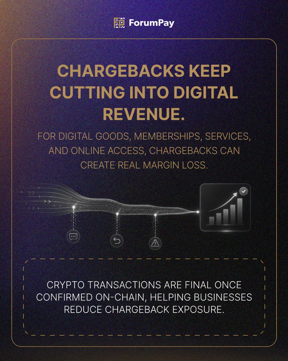 ForumPay's tweet photo. Some revenue problems are really payment problems. 🚨

High-value international buyers face delays. Digital businesses deal with chargebacks. Global subscribers lose access when cards fail or banks decline payments. Crypto payments give businesses another way to reduce friction, support global customers, and protect revenue.🔥

With ForumPay, customers can pay in crypto while your business receives fiat settlement.

Explore more at https://t.co/Qn3CpilaBo