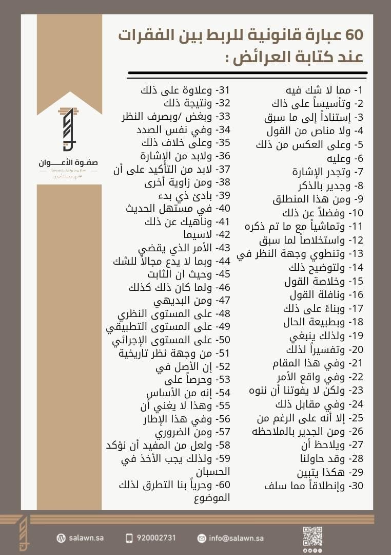 Legal_Culture1's tweet photo. 📍60 عبارة قانونية للربط بين الفقرات عند كتابة العرائض ⬇️

شركة صفوة الأعوان للمحاماة 
@S_Alawan https://t.co/roVWHF7o6a