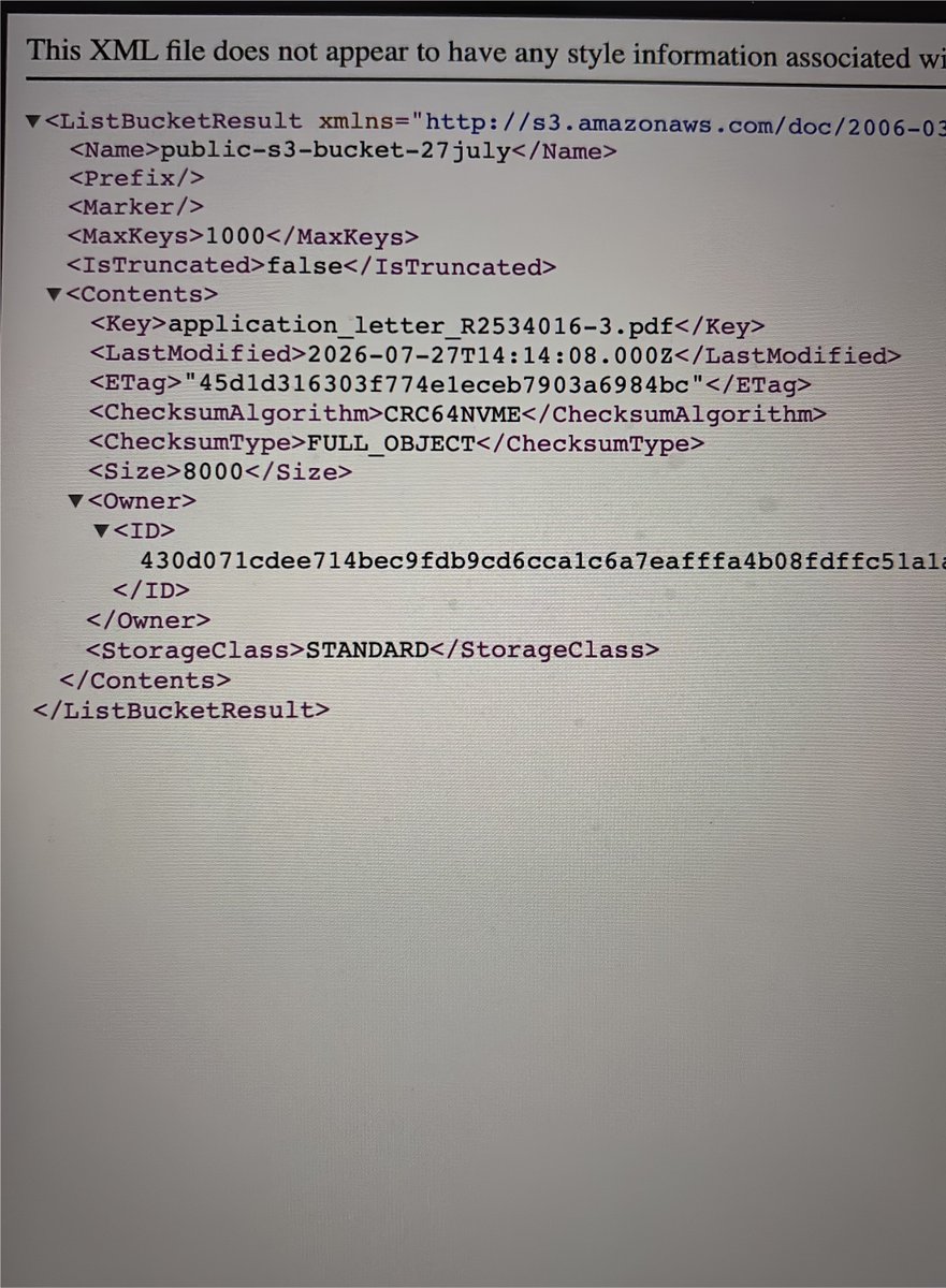 Shri_Krishna_Y's tweet photo. Explored how S3 bucket permissions control access to objects.
.Created an S3 bucket
.Uploaded an object
.Tested bucket policies
.Learned s3:ListBucket vs s3:GetObject

Understanding permissions is essential for building secure AWS environments https://t.co/Apd0RqTocv