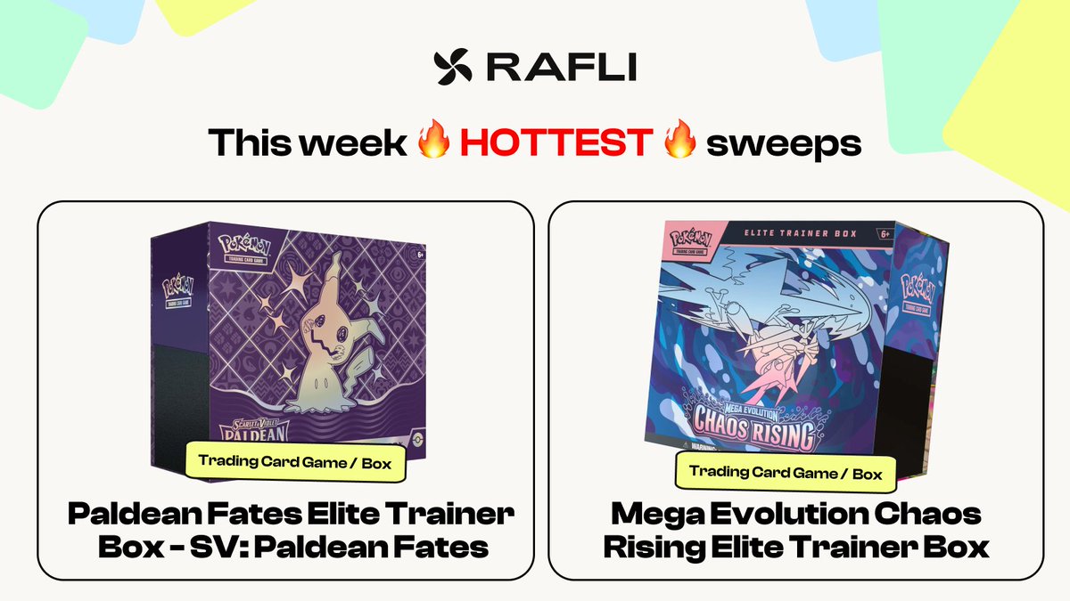 rafli_win's tweet photo. This week's HOTTEST on Rafli 🔥
Two chances to add something serious to your collection.

Paldean Fates ETB. Launched at $50. Sealed boxes now approaching $500...
👉 https://t.co/VcCbRHgfjk

Chaos Rising ETB. The first Mega Evolution expansion. 9 packs. Fresh set, already a collector target.
👉 https://t.co/nbsx1T59FV

$1 entry each. 1 winner each. Enter one or both!