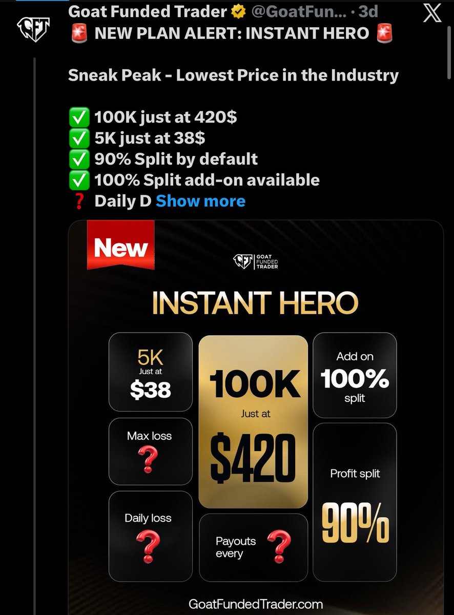 forexblog9ja's tweet photo. 🚨BREAKING: @GoatFunded has launched Instant Hero, a new instant funding program starting at $38 for a $5K account and $420 for a $100K account, featuring a 90% profit split with an optional 100% split. The firm also confirmed 3% daily drawdown, 5% max drawdown, and bi-weekly payouts, positioning it as one of its lowest-priced instant funding offerings.