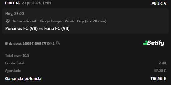 SerBets23's tweet photo. 🚨 SUREBET DETECTADA (16,56% - 19,25% ROI) 🚨
👑 Kings World Cup: Porcinos FC vs Furia FC

✅ 47€ Más de 10.5 goles @2.48 (Betify)
✅ 53€ Menos de 10,5 goles @2,25 (Winamax)

💸 Inversión: 100€ | 💰 Ganancia fija: +16,56€ / +19,25€ asegurados.

¡Aprovechando los desajustes de la Kings League con matemáticas fijas! 📈🔥

Link de telegram en bio para más!!!
