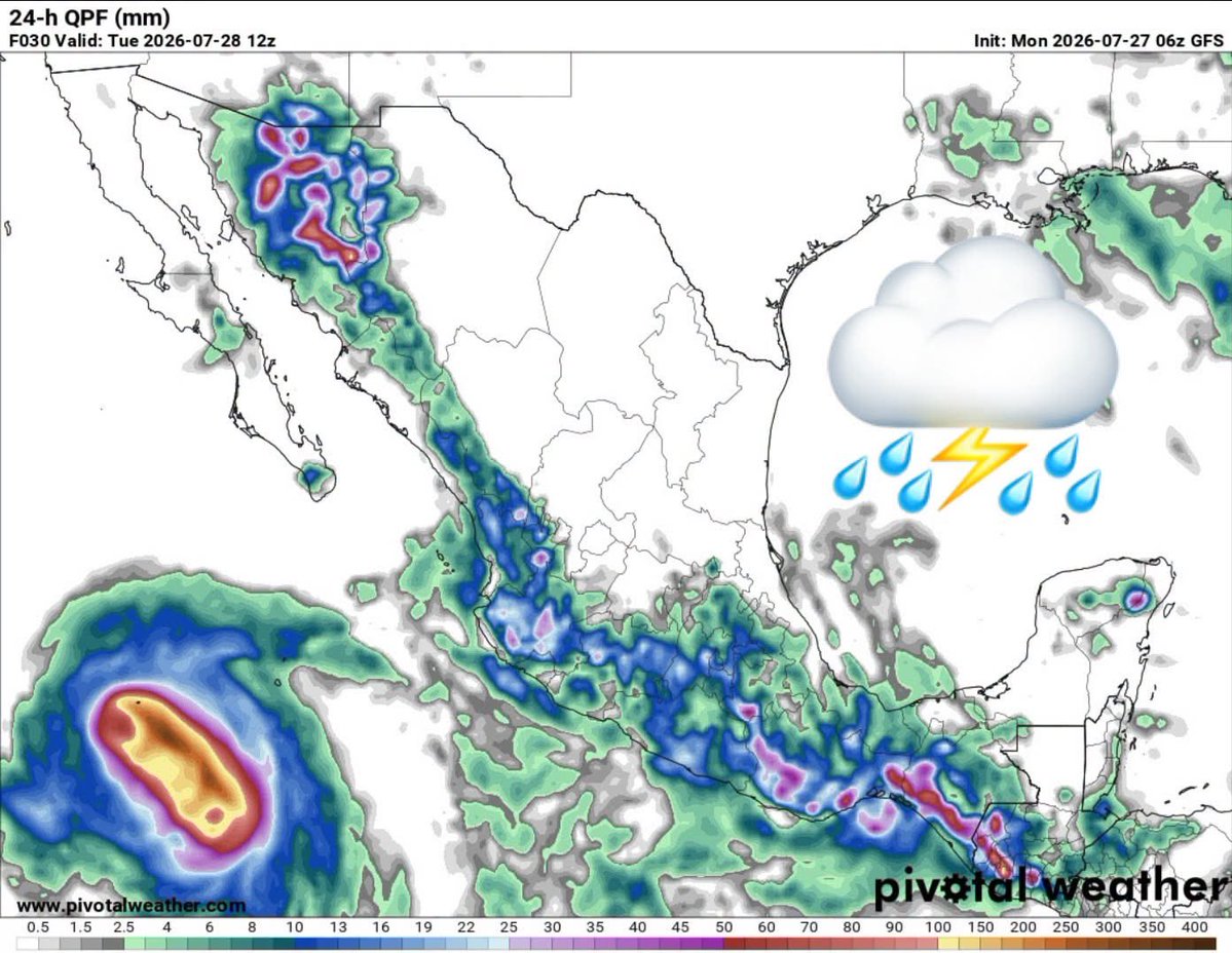 InfoMeteoro's tweet photo. ✅PRONÓSTICO LUNES 27/JUL/2026 

“Mayor extensión y cantidad de lluvias en la Sierra Madre Occidental, centro y sur del país; calor extremo en el norte…” 

⛈️LLUVIAS Y TORMENTAS C/GRANIZO

🔴EVENTOS MÁS INTENSOS🔴
-Son, Nay, Jal, Col, Mich, EdoMex, CDMX, Mor, Gro, Hgo, Pue, Tlax, Oax, Chis

🟡EVENTOS AISLADOS FUERTES
-BCS, Chih, Sin, Dgo, Gto, Qro, Ver, Tab, Camp, Yuc, QRoo

🌡️AMBIENTE DIURNO☀️
♨️🔥 >45ºC norte de BC-Son
🔥41-45ºC BC, BCS, Son, Sin, Coah, NL, Tamps, Mich, Gro, Tab, Camp, Yuc
🥵36-40ºC noroeste, norte, noreste, sureste
🥵26-35ºC Pacífico sur, oriente, Bajío, Occidente, Centro

⚠️🌬️RÁFAGAS DE VIENTO km/h
35-60 estados del norte, centro, sureste, siendo mayores en zonas de tormenta