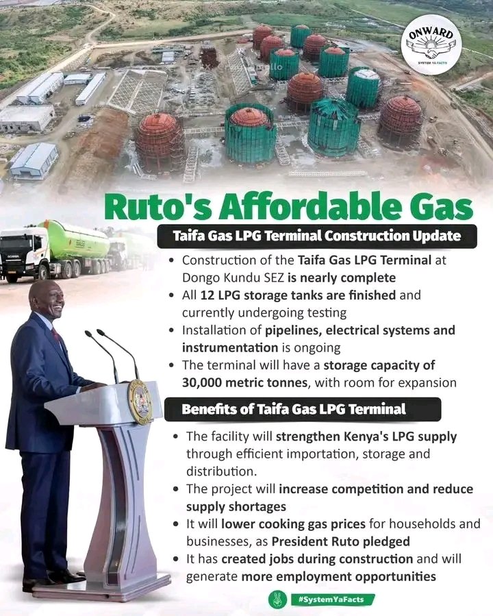 Dennis_Itumbi02's tweet photo. Bado mnaamini ile GAS ya KSh 300 mtatumia chini ya President William Ruto? 😄🔥🇰🇪

Wengine walicheka. Wengine walibeza. Lakini sasa progress inaonekana! 👇

Ujenzi wa Taifa Gas LPG Terminal huko Dongo Kundu, Mombasa, unakaribia kukamilika. Hatua muhimu katika mpango wa kupunguza gharama ya LPG nchini.

Terminal hii itaongeza uwezo wa kuhifadhi na kusambaza LPG, kupunguza changamoto za upatikanaji wa gesi, kuongeza ushindani sokoni na hatimaye kusaidia kushusha bei ya kupikia kwa Wakenya na wafanyabiashara.

Na si hayo pekee. Mradi huu umeendelea kutoa ajira na unatarajiwa kufungua fursa zaidi za ajira utakapokamilika na kuanza kufanya kazi kikamilifu.

More supply. More competition. Lower prices.

Pole pole, mambo yanawekwa sawa. 🇰🇪🔥

#Kenya #LPG #TaifaGas #DongoKundu #RutoDelivers #Tutam