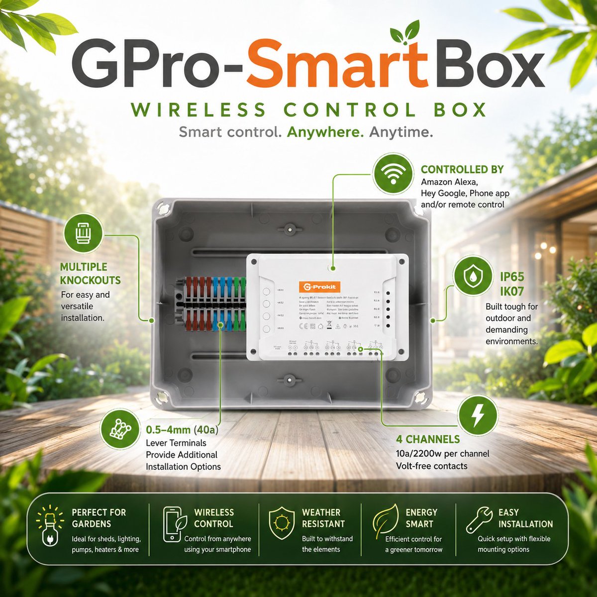 GProkit's tweet photo. The G-Pro Smart Box is a #wireless control box for #smarthome and gardens - control up to 4 channels through wi-fi, voice command, remote control or key fob. 

#smartcontrol #homeautomation #gpro https://t.co/VcspgUwvad