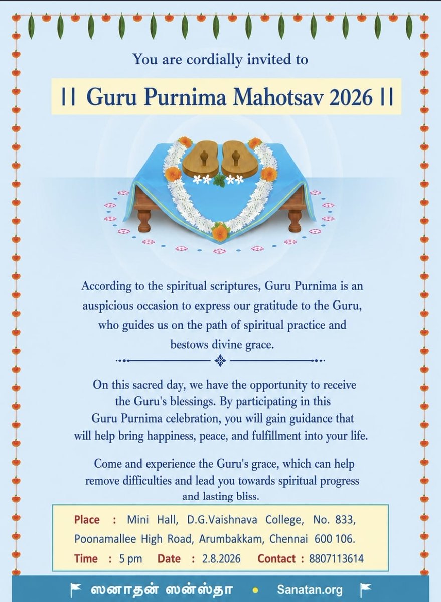 SanatanSanstha's tweet photo. Guru Purnima 2026 @ Chennai
You are cordially invited, along with your family members, to celebrate the auspicious occasion of Guru Purnima in Chennai. We look forward to your gracious presence https://t.co/ACgdfctDR3