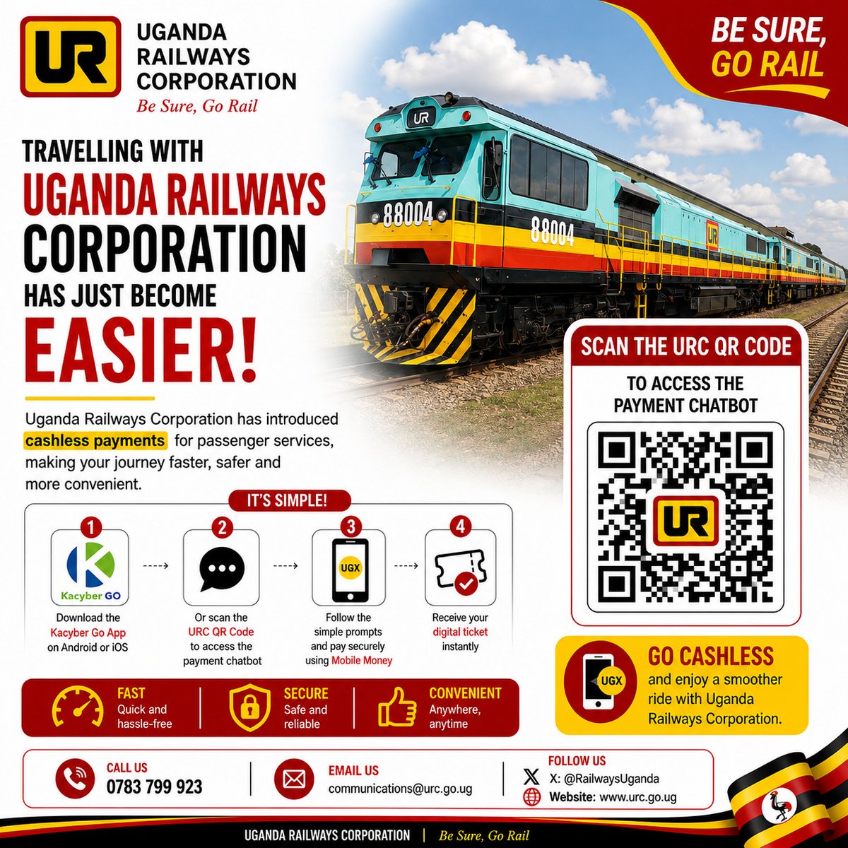 AkabooziFm's tweet photo. #adpost
🚆🇺🇬 BE SURE, GO RAIL!
Travelling with @RailwaysUganda just got easier! Go cashless, pay securely using Mobile Money and receive your digital ticket instantly. 📲🎫
Fast. Secure. Convenient.
#UgandaRailways #GoRail #TravelUganda https://t.co/SETJ4FpLTh