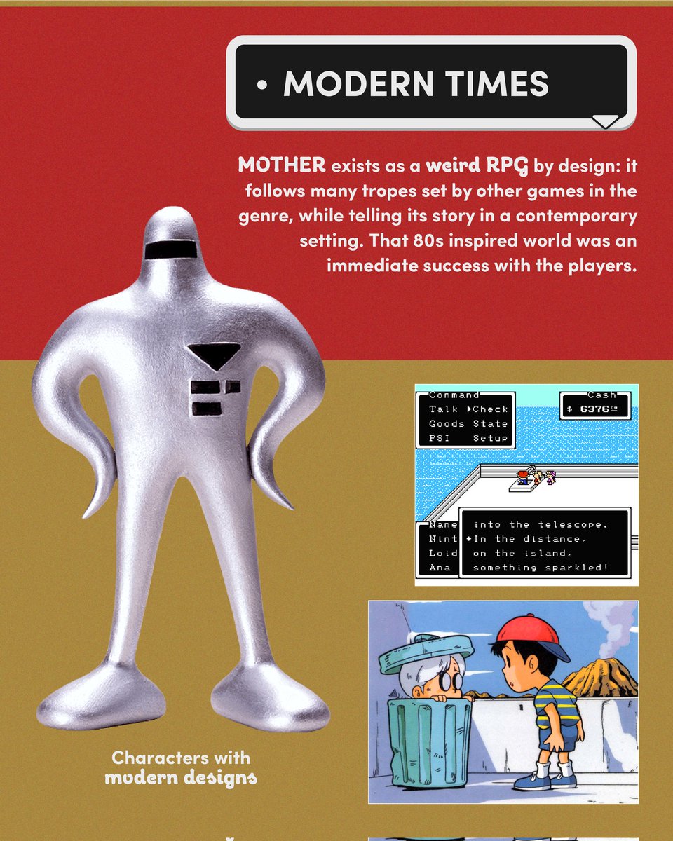 EarthBoundCafe's tweet photo. MOTHER 37th Anniversary!

Slide 2 and 3: Simplicity and Modern settings

#EarthBound #Mother1 https://t.co/KWF0dU3yYm