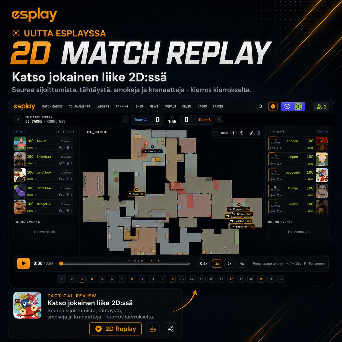 EsplayFI's tweet photo. Nyt pääset Esplayssa ottamaan uusia askeleita pelaamisessa kun voit analysoida suoriutumistasi matchmakingissä tai turnauksissa 2D työkalulla.

Lue lisää: https://t.co/ygI3wN0BLr https://t.co/wsZvRExQ3x