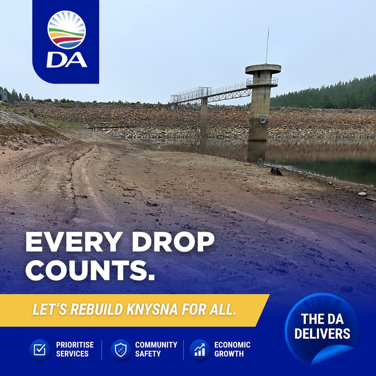 da_knysna's tweet photo. Our water crisis is a painful reminder of what happens when local services are neglected.

We can’t change the past, but together we can vote for a more reliable future for our families.

Register to vote DA | 1 - 2 August 2026.

Let’s Rebuild Knysna For All 💙 https://t.co/WkgxedrzuM