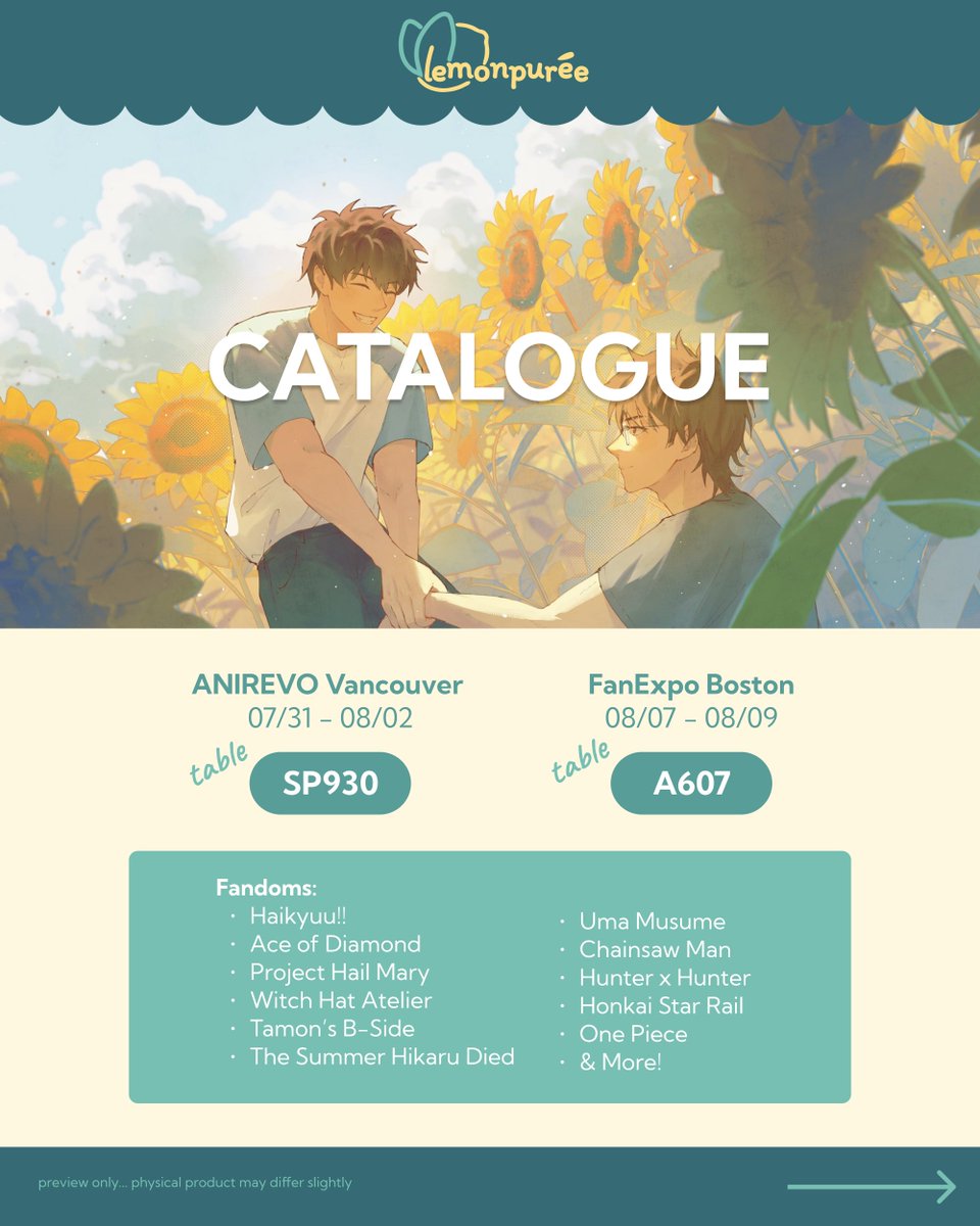 lemonpuree's tweet photo. hello! im at anirevo vancouver (sp930) and fanexpo boston (a607) ! here is my catalog 🙂🙂 (1/2) https://t.co/vfm1CdFcQr