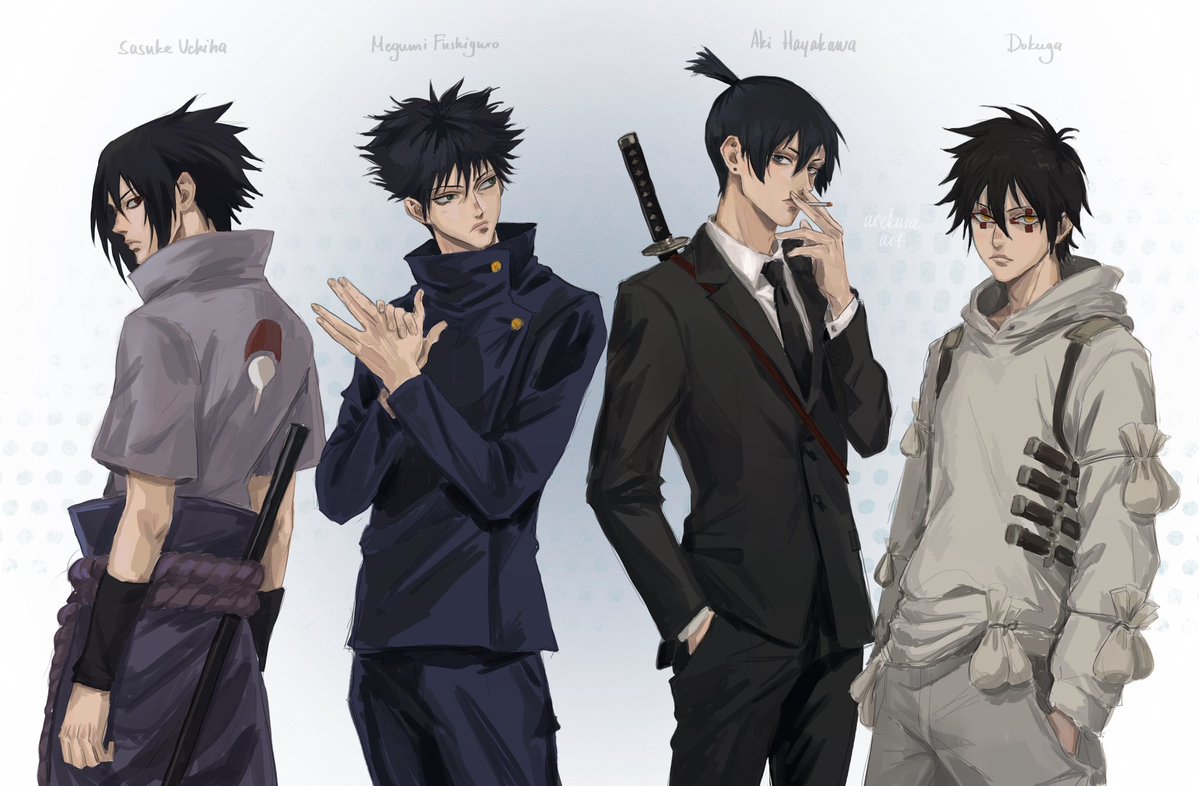arekusaart's tweet photo. my emo boys multiverse (they’re at the stupidest hairstyle contest) 
#naruto #jjk #csm #drhdr https://t.co/qGjJwtRfyA