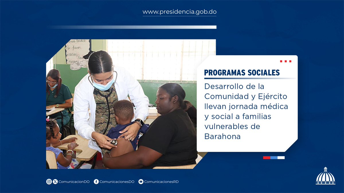 Comunicaciondo's tweet photo. Desarrollo de la Comunidad (@DGDCRDO) y el @EjercitoRD, junto a @ARSSeNaSaRD, realizaron una jornada médica y social en Barahona, beneficiando a cientos de familias vulnerables con servicios de salud y asistencia.
Más información 👉🏼 https://t.co/KRI6QX5s4F
#ProgramasSociales https://t.co/RUBkIyJHnA