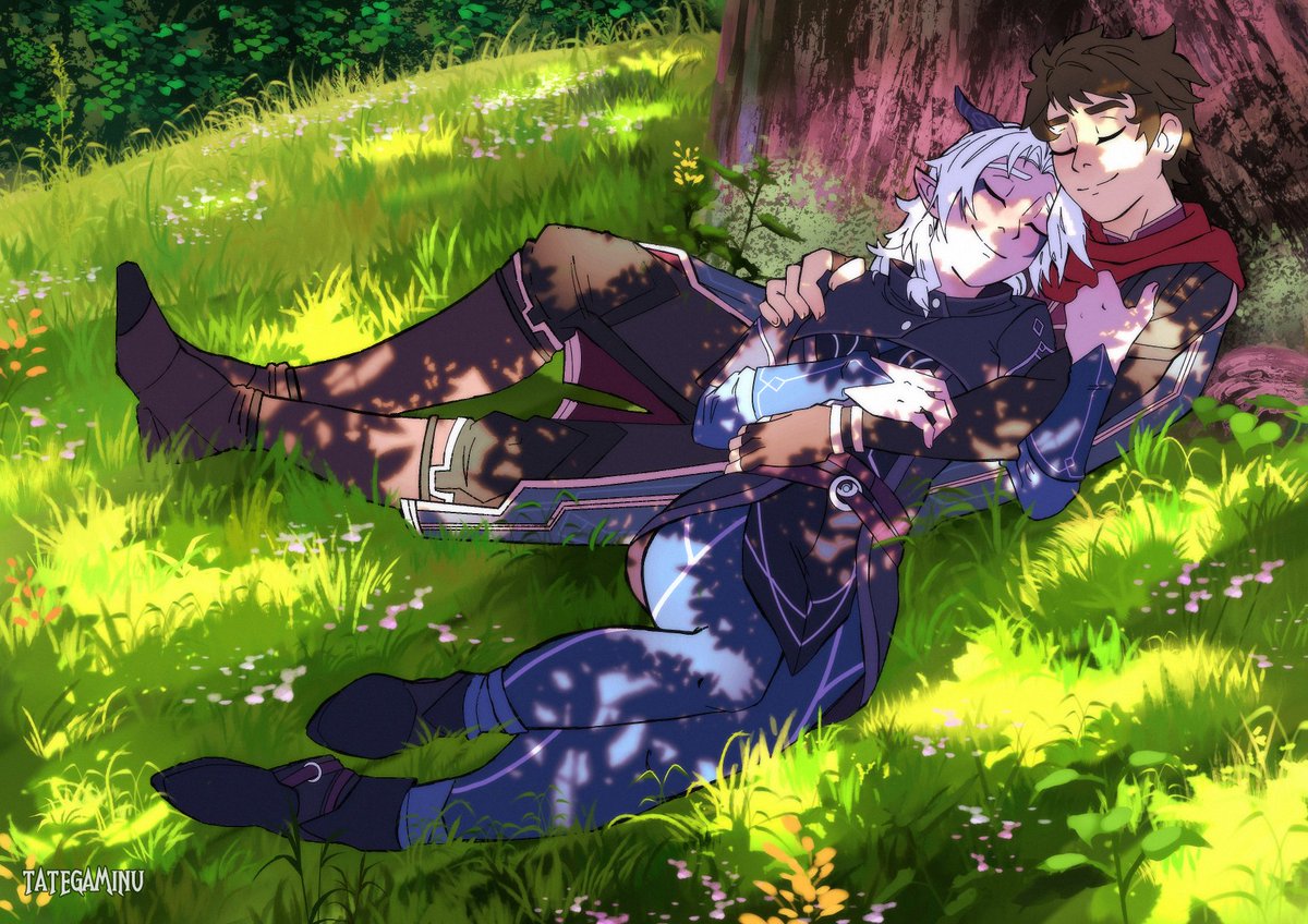 Tategaminu's tweet photo. Little nap time (pose base by Albananechi)
#thedragonprince #tdp #rayllum #rayla #callum #art #romance https://t.co/WGSgCmHE5a
