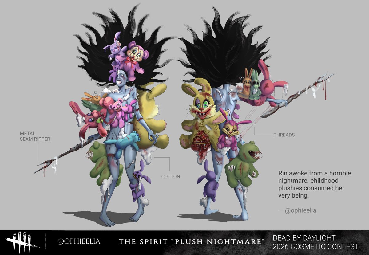 ophieelia's tweet photo. Here is my completed concept for the Dead by Daylight Cosmetic Contest! I'm so excited to share my "Plush Nightmare" Spirit with you all. Best of luck to all of the contestants, and wish me luck too! ✨ 

#dbd #dbdcosmeticcontest #deadbydaylight #thespirit #artshare #conceptart https://t.co/LNbOFAmkM3