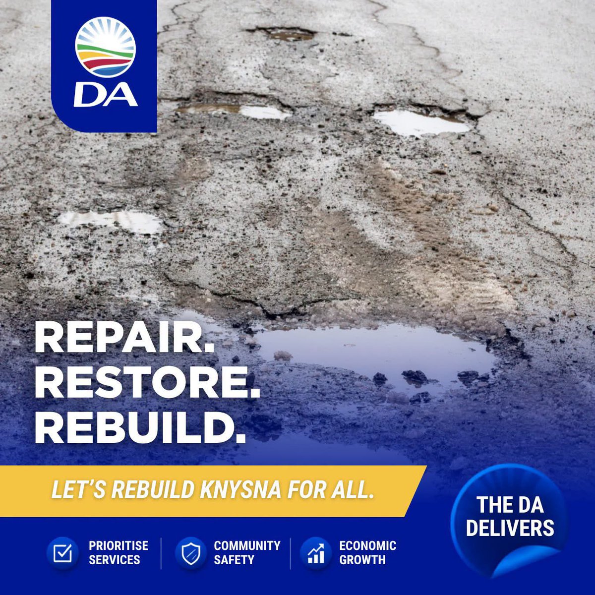 da_knysna's tweet photo. Bring back our town’s dignity.

Residents shouldn’t have to fill potholes themselves just to travel safely.

No one can promise a quick fix, but together we can start restoring our roads and our town.

Register to vote DA | 1 - 2 August 2026.

Let’s Rebuild Knysna For All 💙 https://t.co/5yQPMGW3tH