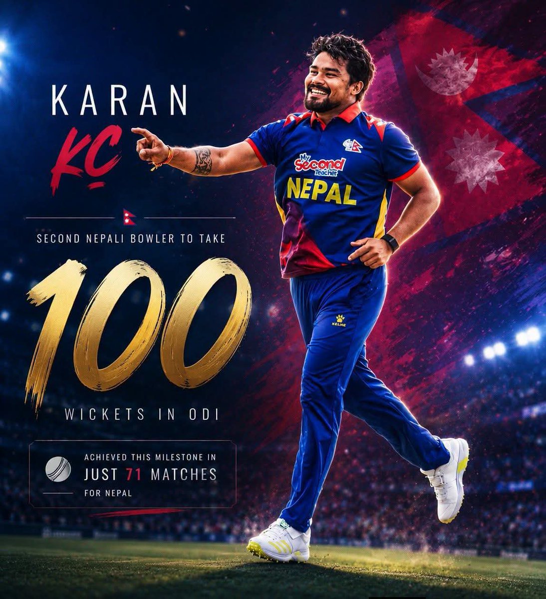SportJantaParty's tweet photo. 🚨 Karan KC become the second Nepali bowler to take 100 wickets in ODI cricket! 🇳🇵🔥

He achieved this milestone in just 71 matches for Nepal. 👏❤️ https://t.co/Wfeb9Ntlej