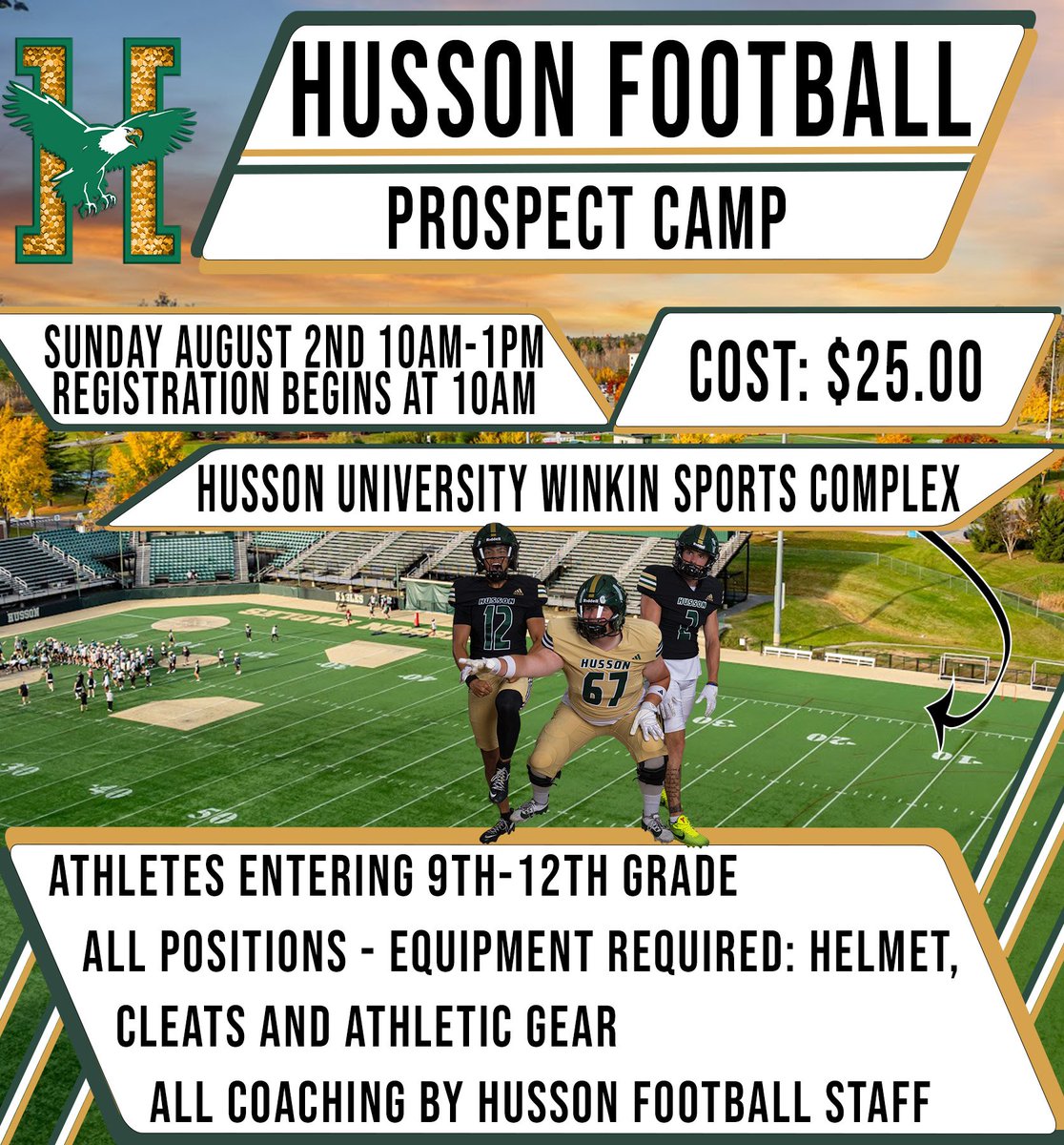 _Coach_Hobbs's tweet photo. 🚨LESS THAN 1 WEEK AWAY!🚨
Annual @hussonfootball Prospect Camp!
📅August 2nd!
⏰10AM - 1PM
🏈Grades 9-12
Join us for a great opportunity to COMPETE!
#HussonGuys | #WeAreHU 🦅
💻Camp Website to Register: https://t.co/bgylzEjA2t https://t.co/x74FZfQke4