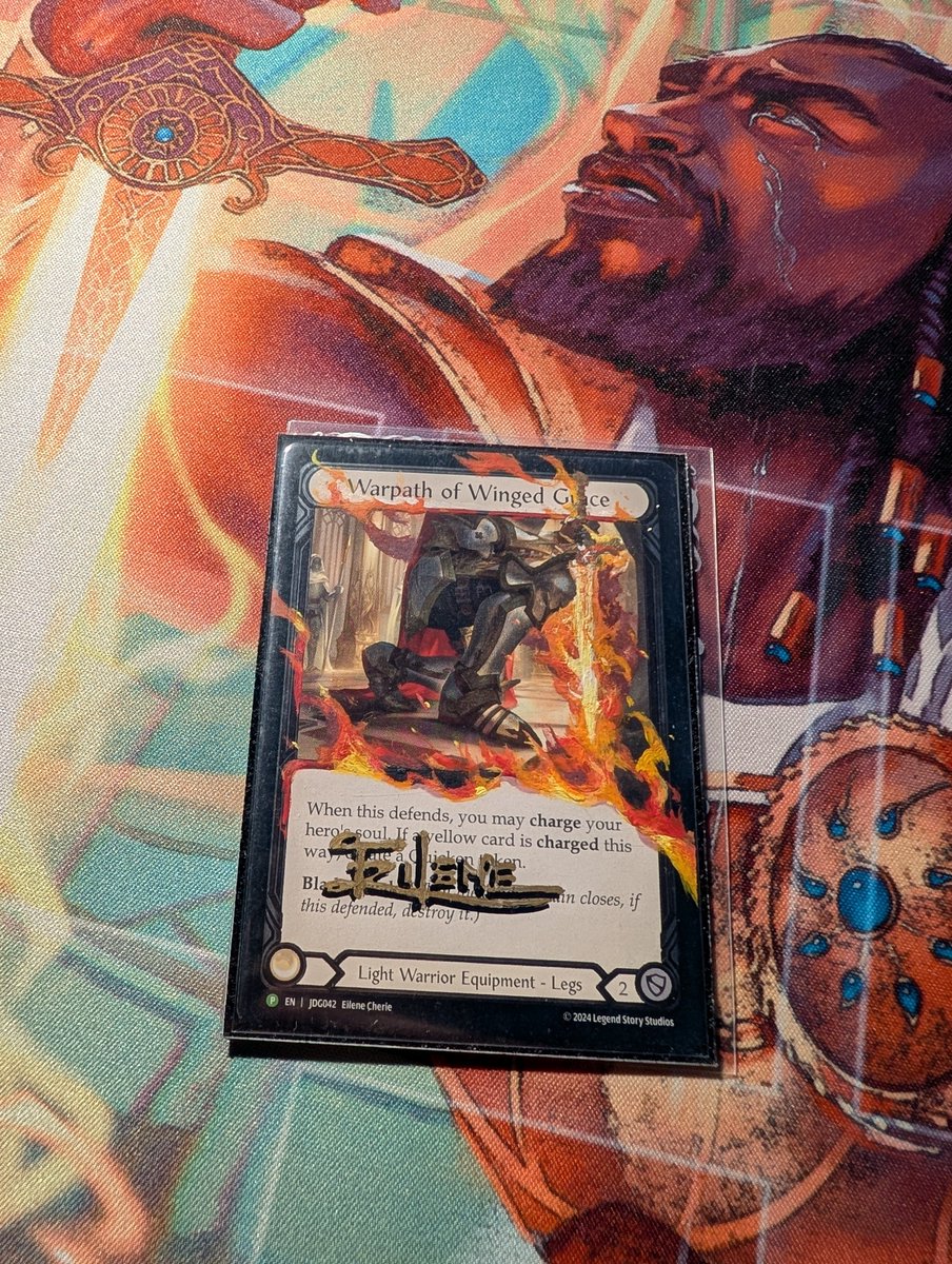 QSuparuta's tweet photo. @fabtcg Boltyn was the first hero I truly fell in love with from a design and gameplay perspective. As soon as I got these judge promos from my locals (Benefits of being the only Botlyn gamer) I had the wondering Eilene sign and also free hand a doodle on both. @fabtcg 
#fabcw https://t.co/xxqolSS3Ho