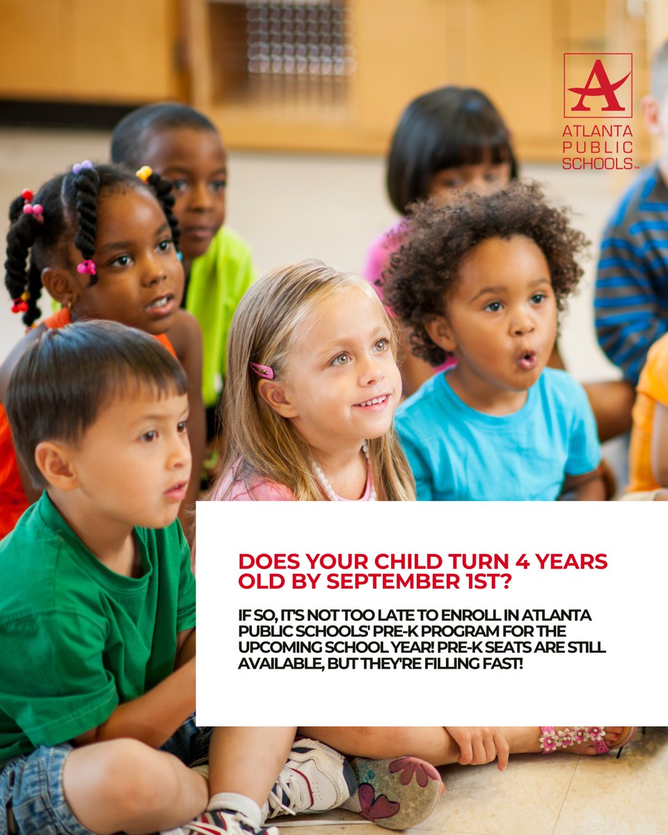 apsupdate's tweet photo. Does your child turn 4 years old by September 1st? If so, it's not too late to enroll in Atlanta Public Schools' pre-K Program for the upcoming school year!  Pre-K seats are still available, but they're filling fast! Don't miss this opportunity to give your child an early start to a brighter future. Apply today at:
https://t.co/wC5kqEp7Fp