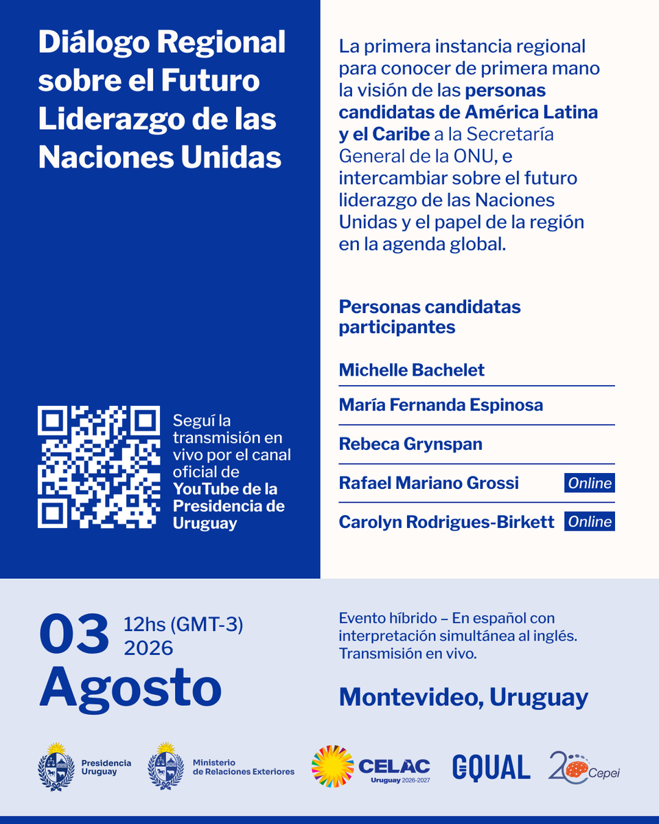 CancilleriaUy's tweet photo. 🌎 Uruguay será sede del Diálogo Regional sobre el Futuro Liderazgo de las Naciones Unidas, un encuentro inédito que reunirá en Montevideo a las cinco candidaturas de América Latina y el Caribe a la Secretaría General de la ONU para presentar y contrastar sus propuestas.

🤝 La instancia, impulsada por Uruguay en el marco de la Presidencia Pro Tempore de la CELAC junto a GQUAL y CEPEI, promoverá el intercambio entre Estados, organizaciones internacionales, academia, sociedad civil, juventudes y medios de comunicación.

➕ℹ️ Más información en el comunicado ⤵️

https://t.co/WjBzLCm5aq

#Uruguay #CELAC #ONU #Multilateralismo #Diplomacia