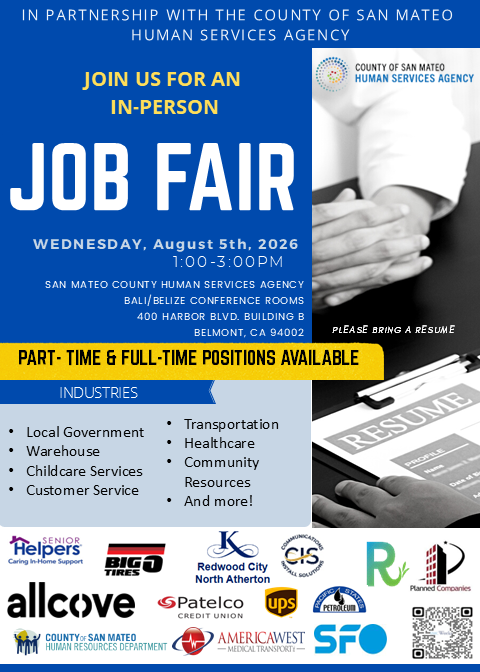 sanmateoco's tweet photo. Looking for a job or a new opportunity?
 
Join the County of San Mateo Human Services Agency Job Fair on Wednesday, Aug. 5, from 1 to 3 p.m. at 400 Harbor Blvd., Building B, Bali/Belize Conference Rooms, Belmont.
Part-time and full-time positions available. Please bring a resume. https://t.co/bTjpDY3OW3