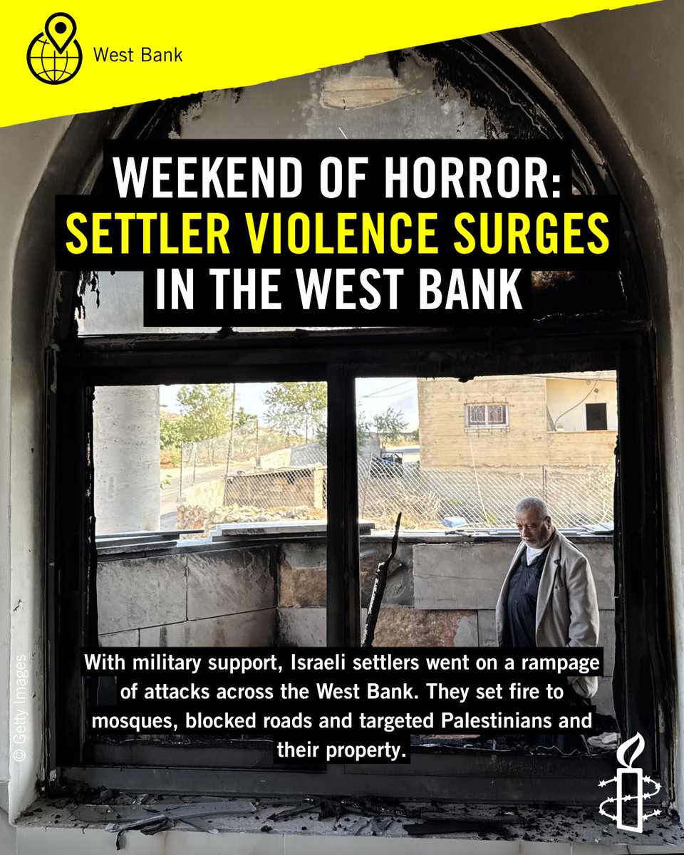 amnesty's tweet photo. The latest tide of escalation in state-backed, recurrent settler violence in the occupied West Bank is the direct, painfully inevitable outcome of Israel’s policies of annexation, ethnic cleansing and apartheid. It also lays bare the failure of the international community to take any meaningful measures against Israel’s unlawful occupation of the Palestinian territory beyond imposing sanctions on individual violent settlers. Protect Palestinian civilians, end Israel’s ethnic cleansing and occupation.
