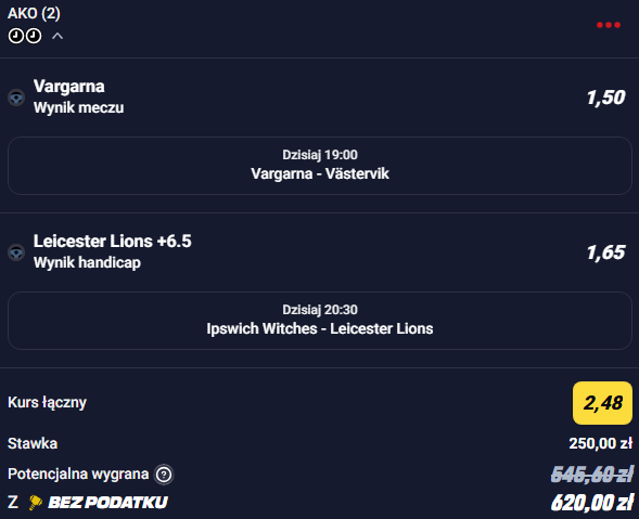 mirobets's tweet photo. poniedziałkowy dubel na żużla 

Vargarna wygrana 
Leicester Lions +6.5 handi
Kurs 2.48 
Stawka: 250 zł
Bukmacher: Betclic https://t.co/9Q4jEL8TDa